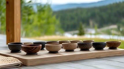 Handcrafted ceramic bowls arranged on wooden tray outdoors with mountain forest backdrop. Artisan pottery collection for rustic dining and home decor.