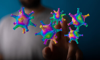 Abstract digitally rendered illustration featuring viruses with a hand interaction, symbolizing health, scienc