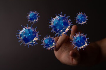 Hand touching digital representation of coronavirus cells on dark background. Abstract illustration representi