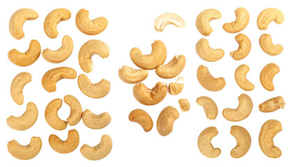 A collection of light-tan cashew nuts, evenly spaced, on a black, smooth, and clean background