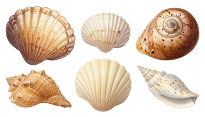A collection of six diverse sea shells, each displaying unique shapes and textures, isolated