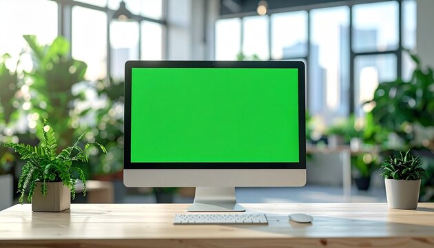 Minimalist desktop computer with a green screen on a wooden desk, surrounded by lush green plants in a bright, modern office space