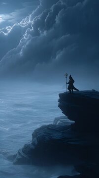 Lord Shiva Standing on Cliff Edge Overlooking Stormy Ocean Night