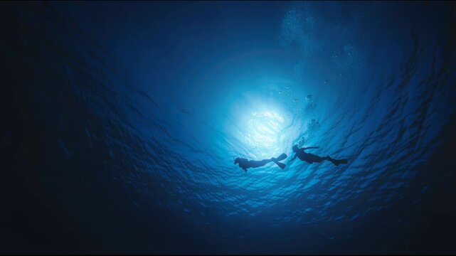 two people free diving into the deep blue ocean