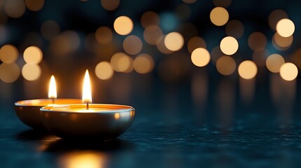 Traditional oil lamp with glowing flames creates warm ambiance against bokeh lights background for meditation, spirituality and peaceful atmosphere.