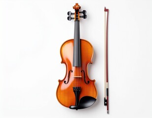 Fototapeta premium An antique wooden violin with its bow is isolated on a white background, representing a classic string instrument used in orchestra and concert music to create a beautiful melody