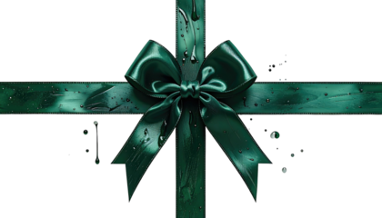 A dark green ribbon tied in a bow with fluid-like droplets over a black background