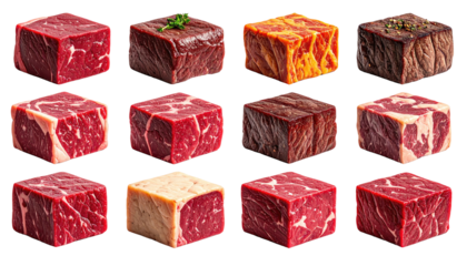 A collection of twelve cubed, uncooked, and cooked cuts of beef arranged in a grid