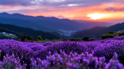 Obraz premium Lavender field at sunset with purple flowers blooming in mountain valley landscape. Dramatic colorful sky with golden hour lighting over rolling hills countryside.