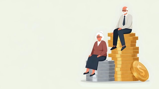 Senior businessman and businesswoman sitting on stacks of gold and silver coins representing wealth gap and financial inequality in corporate world.