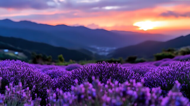 Lavender field at sunset with purple flowers blooming in mountain valley landscape. Dramatic colorful sky with golden hour lighting over rolling hills countryside.