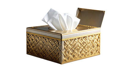 A decorative tissue box, gold in color, with ornate patterns and a single tissue visible