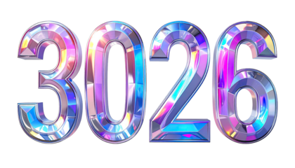 A dazzling 3D render displaying the number 3026 with a crystal-like iridescent effect against black