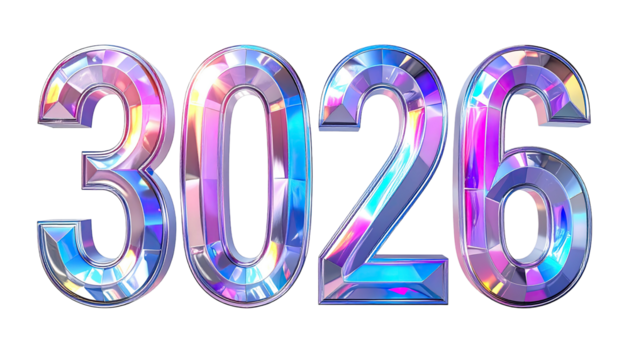 A dazzling 3D render displaying the number 3026 with a crystal-like iridescent effect against black - Powered by Adobe