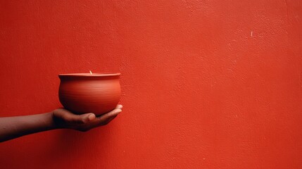 Hand holding a traditional Diwali oil lamp against red background.