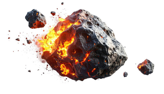A detailed image of a fiery meteor exploding into smaller pieces, floating against a black backdrop