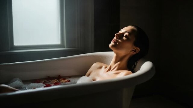 Serene young woman with eyes closed, soaking in a warm bubble bath with rose petals, illuminated by soft window light in a tranquil bathroom.