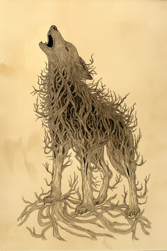 Detailed illustration of a howling wolf made of complex trees and roots, perfect for nature themed designs or wildlife publications.
