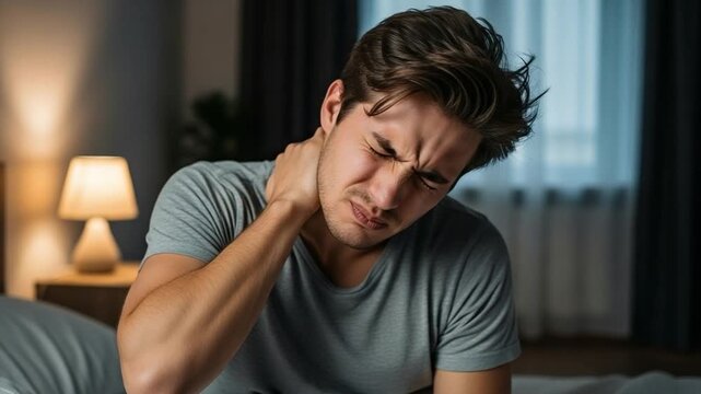 Young man suffering from severe neck pain in bed, grimacing in discomfort early in the morning or late at night.