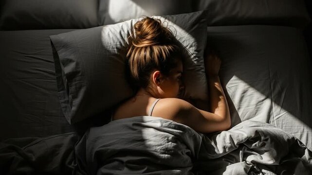 Young Caucasian woman sleeping peacefully in bed during the morning, with sunlight casting shadows on the grey sheets and pillow, symbolizing rest and tranquility.