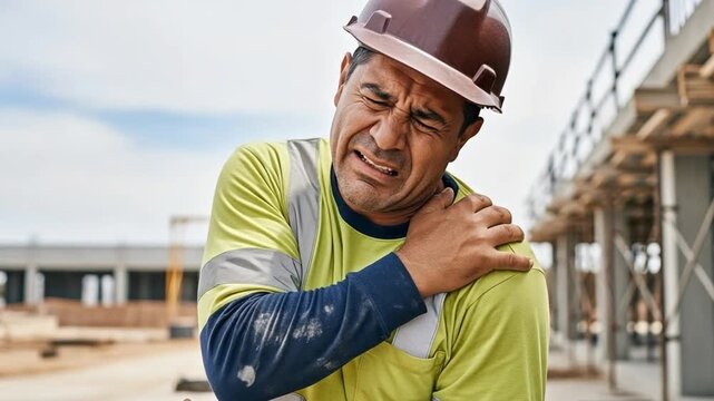 Middle-aged Hispanic construction worker experiencing shoulder pain at a building site, grimacing in discomfort from a work injury