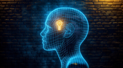 Wireframe human head with lightbulb in it against brick wall. Suitable for brainstorming, creativity, innovation concepts, digital technology themes.