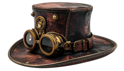 A detailed image of a vintage-style steampunk hat with goggles, gear, leather textures