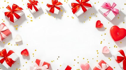 Festive celebration gifts, heart candles, and glistening confetti arranged on clean white canvas