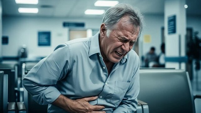 Senior Caucasian man suffering from severe stomach pain in a hospital waiting room, clutching his abdomen in discomfort and grimacing.