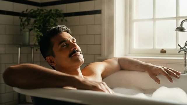 Relaxed adult man with a mustache enjoying a warm bubble bath in a bright, steamy bathroom, eyes closed in peaceful contentment and self-care.