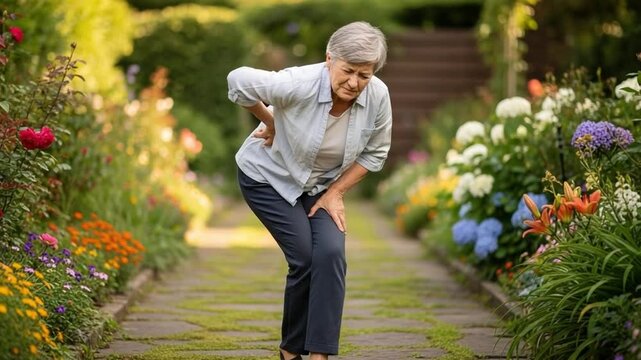 Elderly Caucasian woman experiencing discomfort and pain in her lower back and knee while walking on a stone path in a vibrant summer garden.