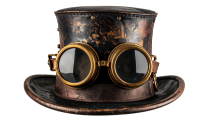 A detailed, isolated shot of a steampunk-styled top hat with attached goggles, isolated on black