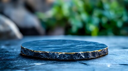Round dark slate stone platform on marble surface with blurred greenery background for product display and presentation purposes.