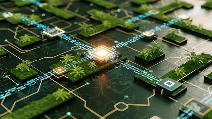 A high-tech digital concept merging nature and computing. A central glowing microchip powers a circuit board landscape integrated with lush green moss and miniature tropical palm trees.
