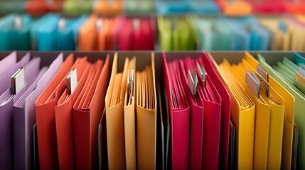 Colorful file folders organized in rows showing vibrant rainbow spectrum from purple to yellow, perfect for office organization and filing systems.