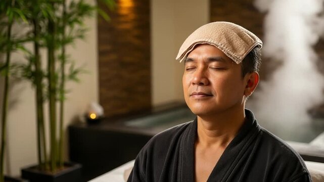 Serene middle-aged Asian man with a warm compress on his forehead, eyes closed, relaxing in a tranquil spa environment with steam.