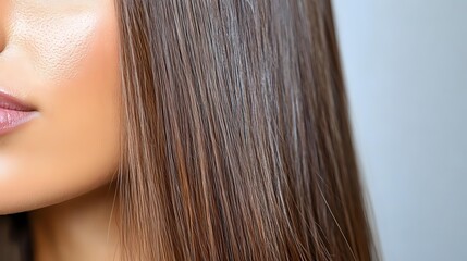 Fototapeta premium Close-up of woman with long straight brown hair showing healthy shine and texture for haircare and beauty treatments.