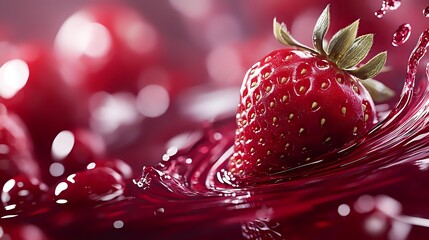 Fresh red strawberry splashing into vibrant red juice with dynamic liquid motion and sparkling bokeh lights creating refreshing summer beverage concept.