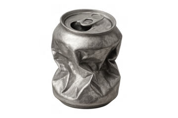 Crushed aluminum soda can representing recycling, waste, and environmental issues on a transparent background