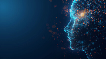 Digital human head connected by glowing neural networks suitable for technology, ai, cybersecurity, innovation, and futuristic concepts in design projects.