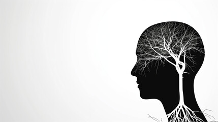 Human head silhouette filled with a tree, representing nature connectedness, mental health, environmental awareness. Suitable for ecofriendly and wellness concepts.
