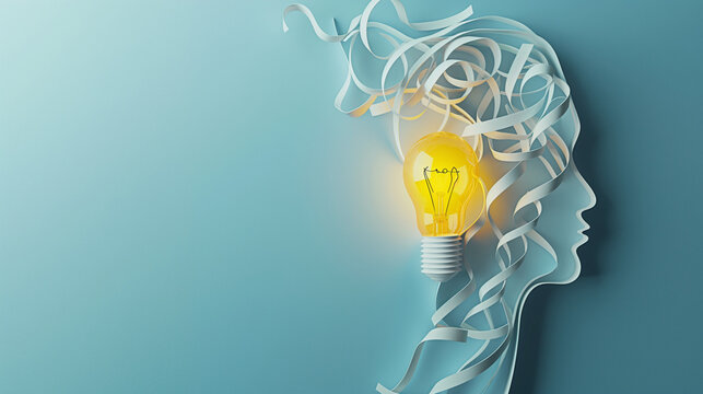 Paper cutout of head with lightbulb, perfect for creative thinking concepts or education related designs needing a simple yet impactful visual element.