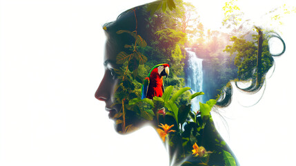 Womans profile merged with jungle landscape ideal for nature blogs, environmental campaigns, female empowerment themes, and adventurous travel concepts.