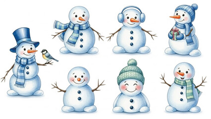 Cute Watercolor Snowman Clipart Set with Winter Accessories, Scarves and Hats