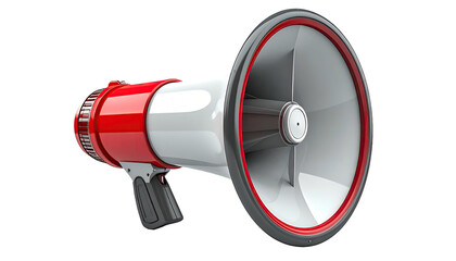 A digitally rendered megaphone, primarily red, white, and gray, isolated on a black background