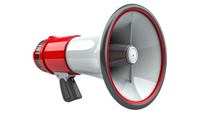 A digitally rendered megaphone, primarily red, white, and gray, isolated on a black background