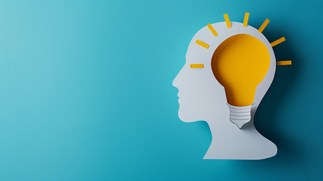 Head silhouette with lightbulb symbolizing new ideas. Suitable for business presentations, innovation concepts, creative thinking articles, and educational materials.