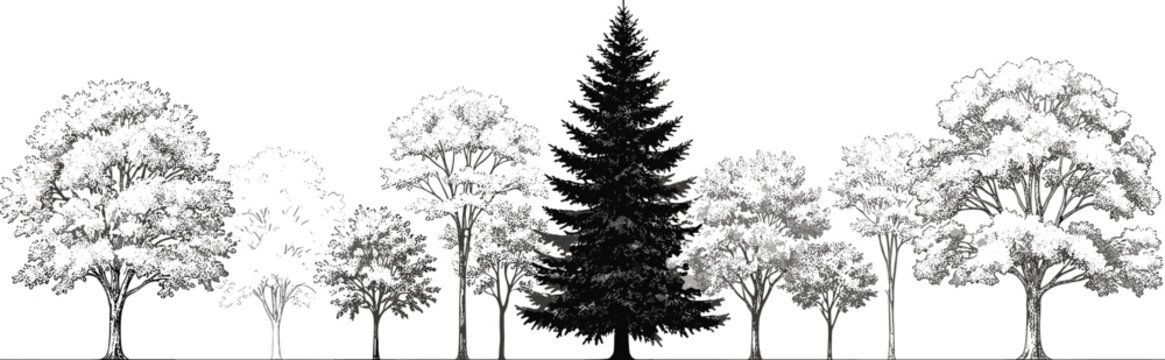 A panoramic view of a lush forest scene with a dominant dark evergreen tree in the center, surrounded by lighter deciduous trees