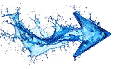 A dynamically formed arrow created with splashing blue liquid, representing forward motion