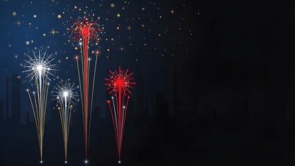 An illustration of fireworks with red, white, and gold tones over a city skyline, set against a dark blue night sky with gold stars. Ideal for festive designs and celebratory themes.